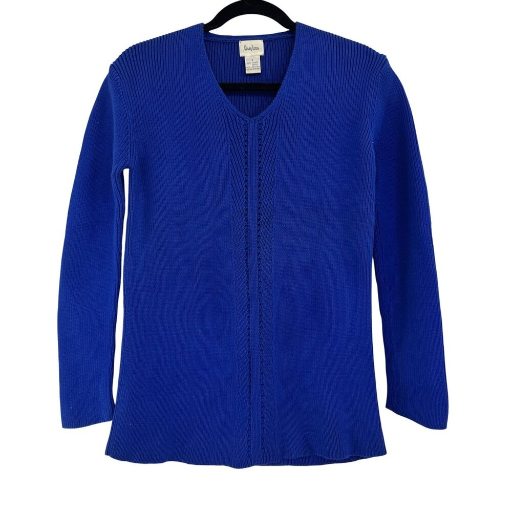 VTG 80s Neiman Marcus 100% Cotton Cobalt Blue Knit Sweater Women’s Hong Kong S